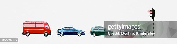 illustration of stationary van and three cars waiting at red traffic lights - queuing stock illustrations