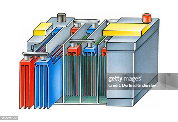 illustration of lead acid car battery showing lead dioxide plate, lead plate and sulphuric acid - car battery stock illustrations