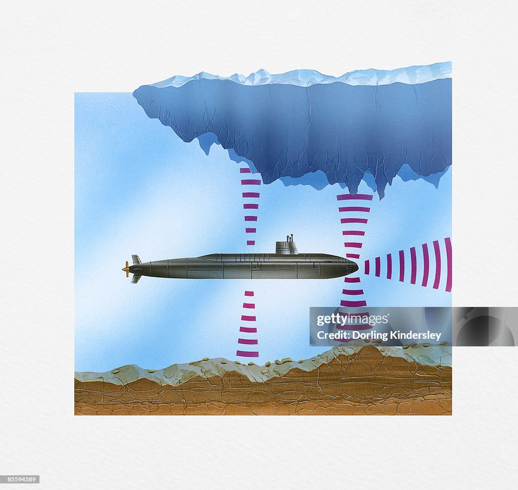 Illustration of submarine's sonar emitting sound waves below ice floe