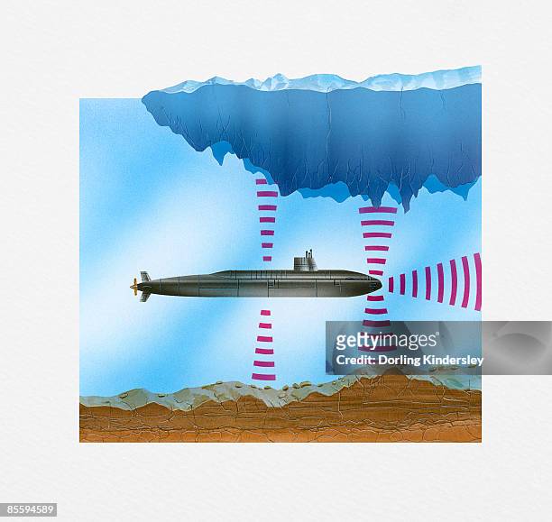 illustration of submarine's sonar emitting sound waves below ice floe - sonhar stock illustrations