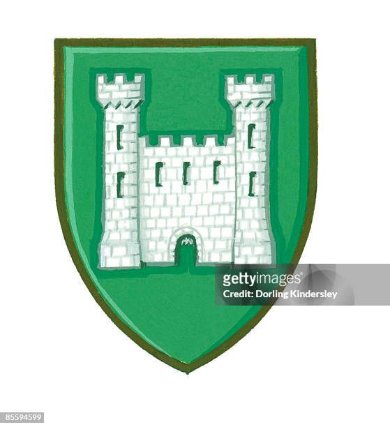 illustration of vert a castle argent, castle keep on green heraldic shield - pictogramme argent stock illustrations