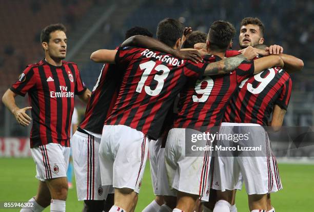 Mateo Musacchio of AC Milan celebrates his goal with his team-mates during the UEFA Europa League group D match between AC Milan and HNK Rijeka at...