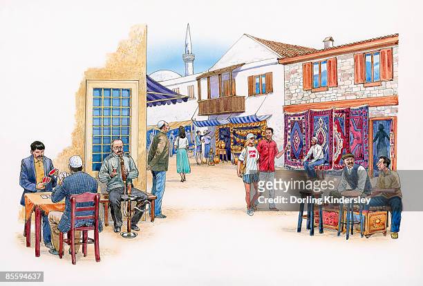 illustration of men playing cards and smoking hookah pipe at traditional pavement cafe in colourful turkish town  - pedestrian area stock illustrations