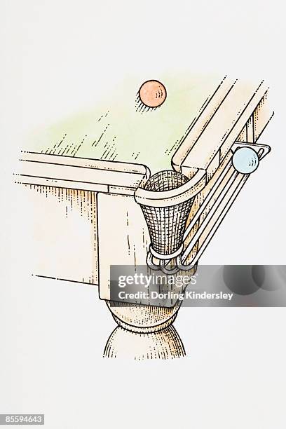 illustration of red snooker ball on table and blue blue on rail near pocket - snooker stock illustrations