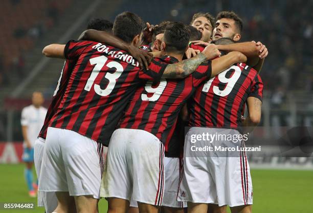 Mateo Musacchio of AC Milan celebrates his goal with his team-mates during the UEFA Europa League group D match between AC Milan and HNK Rijeka at...