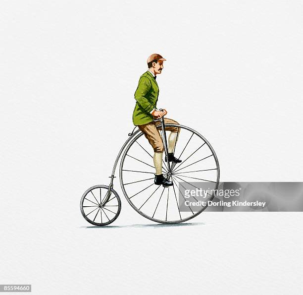stockillustraties, clipart, cartoons en iconen met illustration of man riding penny farthing bicycle - one mature man only