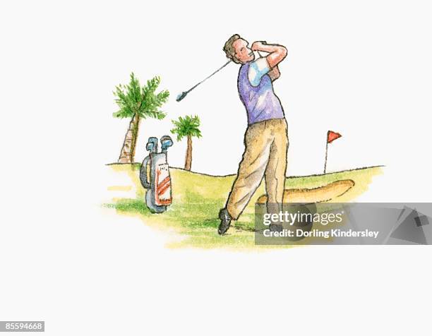 illustration of man on golf course swinging golf club behind head - golf bunker low angle stock illustrations