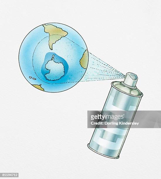 illustration representing aerosol can spraying chlorofluorocarbons at ozone hole on earth - ozone hole stock illustrations