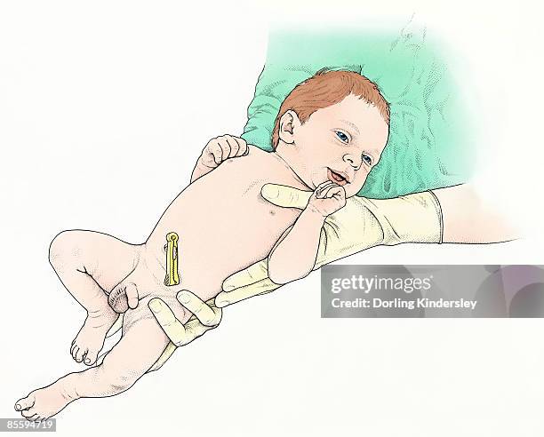 illustration of midwife holding baby boy, with clamp on umbilical cord - operating gown stock illustrations