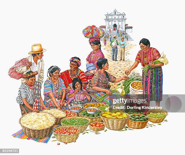 illustration of people selling fresh produce on market day in chichicastenango, guatemala, with church of santo tomas in background - kids smiling multiple nationalities stock-grafiken, -clipart, -cartoons und -symbole