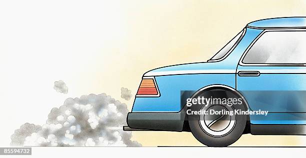 ilustraciones, imágenes clip art, dibujos animados e iconos de stock de illustration of car exhaust emitting toxic carbon monoxide fumes - color wheel watercolor