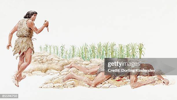 stockillustraties, clipart, cartoons en iconen met illustration of cain brandishing knife near body of his brother abel lying dead on rocks - hairy back man