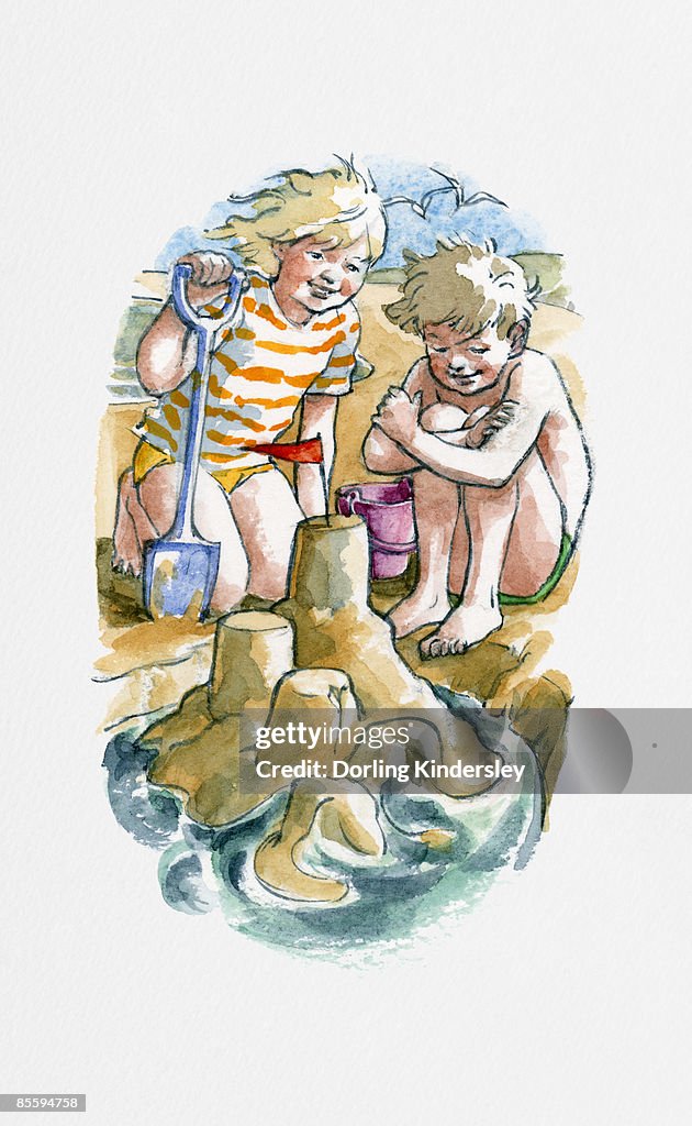 Illustration of two children on beach watching sea eroding sandcastle
