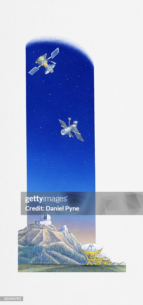 Illustration of satellites in space, satellite dishes on Earth, and observatory on top of mountain
