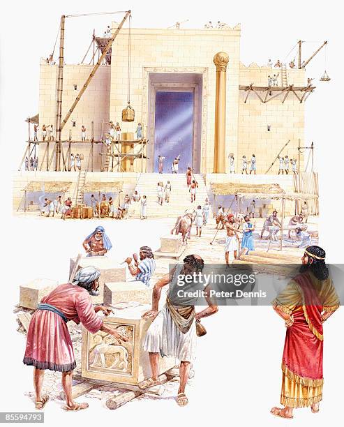 illustration of slaves constructing temple as solomon stands watching with hands on hips - synagogue stock illustrations