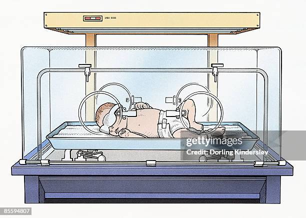 illustration of baby wearing eye mask and nappy lying on back inside incubator - baby lying on back stock illustrations