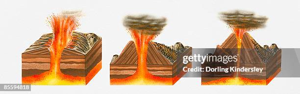 ilustrações, clipart, desenhos animados e ícones de cross section illustrations of erupting cinder cone, stratovolcano, and shield volcanos, showing shape and scale comparison - atividade vulcânica