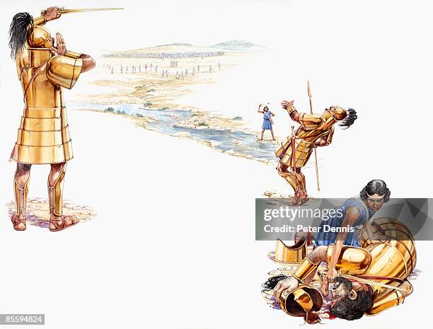 sequence of illustrations showing goliath, holding sword, shouting challenge to david, david holding catapult above head after wounding goliath who falls back hit by stone, and david decapitates goliath as he lies bleeding - goliath stock illustrations