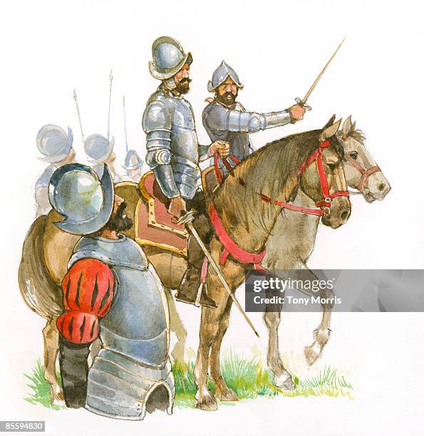ilustraciones, imágenes clip art, dibujos animados e iconos de stock de illustration of spanish soldiers during conquest of the americas - spanish conquest