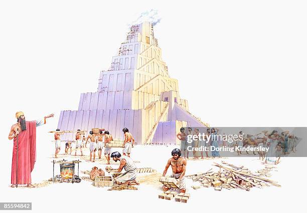 illustration of mesopotamian king nimrod standing near slaves constructing the tower of babel  - ziggurat stock-grafiken, -clipart, -cartoons und -symbole