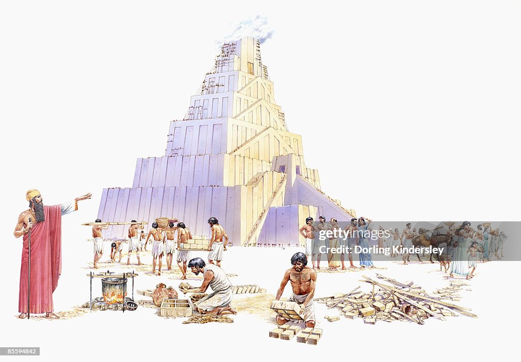 Illustration of Mesopotamian King Nimrod standing near slaves constructing the Tower of Babel
