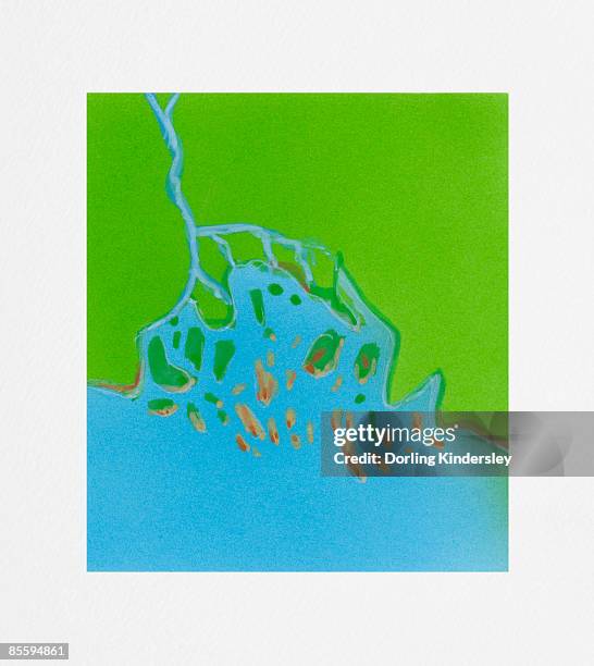 illustration of main channel of river on land mass divided into streams, known as distributaries, flowing into bay of small islands, and ocean - main stock illustrations