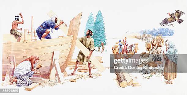 illustration of noah and his three sons shem, ham, and japheth constructing the ark as his wife calls chosen animals using shofar - adult children stock illustrations