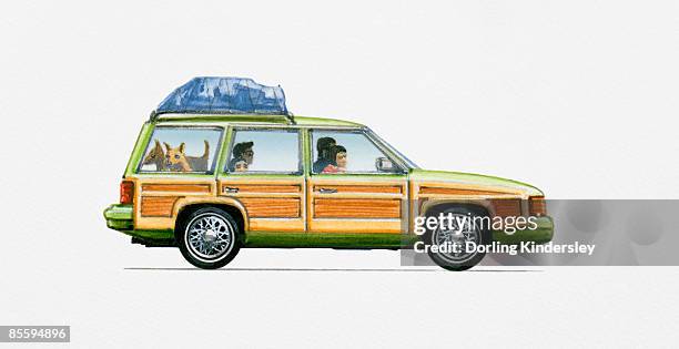 ilustraciones, imágenes clip art, dibujos animados e iconos de stock de illustration of family in estate car with dogs in boot and suitcases tied to roof - suitcase couple