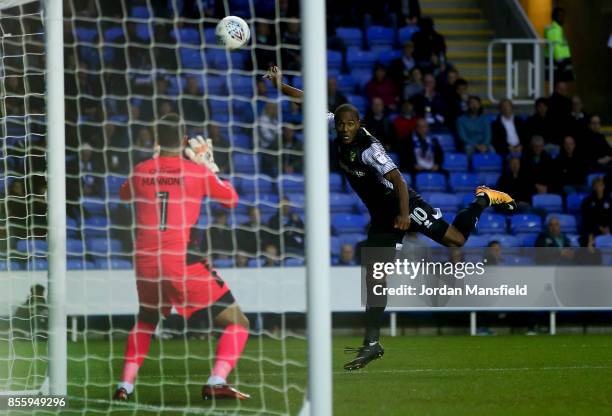 Cameron Jerome of Norwich scores his sides second goal during the Sky Bet Championship match between Reading and Norwich City at Madejski Stadium on...