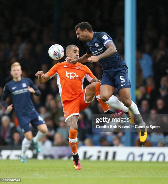 Blackpool's Kyle Vassell and Southend United's Anton Ferdinand during the Sky Bet League One match between Southend United and Blackpool at Roots...