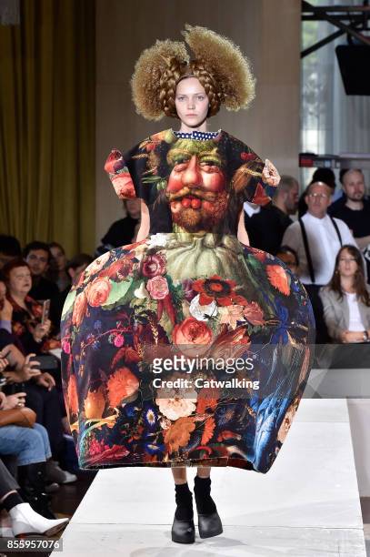 Model walks the runway at the Comme Des Garcons Spring Summer 2018 fashion show during Paris Fashion Week on September 30, 2017 in Paris, France.
