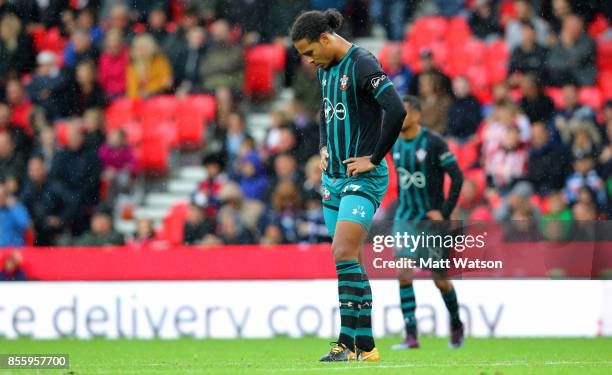 Southampton's Virgil Van Dijk looks dejected during the Premier League match between Stoke City and Southampton at the Bet365 Stadium on September...