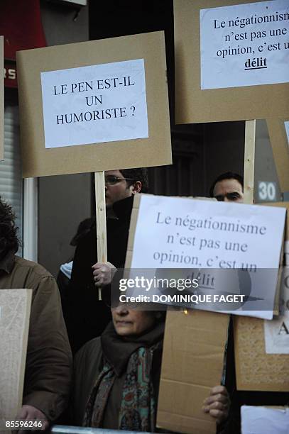 Members of the Jewish community demonstrate in front of a theater in central Brussels on March 25 against the show of French humorist Dieudonne Mbala...