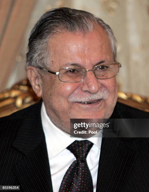 Iraq's President Jalal Talabani during his meeting with Syrian Foreign Minister Walid al-Moallem on March 25, 2009 in Baghdad, Iraq. Al-Moallem...