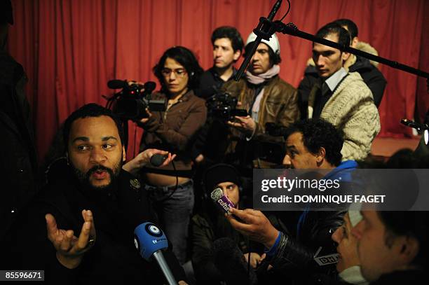 French controversial humorist Dieudonne speaks to journalists during a press conference ahead of his show on March 25, 2009 in Brussels, Belgium....