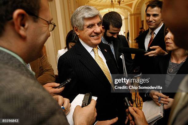 Sen. Ben Nelson talks with reporters after a closed-door meeting of the Senate Democratic caucus at the U.S. Capitol March 25, 2009 in Washington,...