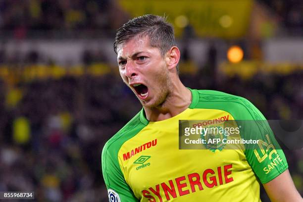 Nantes' Argentinian forward Emiliano Sala celebrates after scoring during the French L1 football match Nantes vs Metz at the La Beaujoire stadium in...
