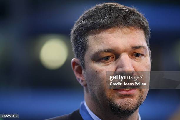 Manager Finn Holpert of Flensburg is seen prior to the EHF Champions League match between SG Flensburg and HSV Hamburg at the Campushalle on March...