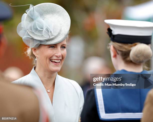 Sophie, Countess of Wessex inspects the troops as she attends the Headley Court Farewell Parade on September 29, 2017 in Dorking, England. A service...