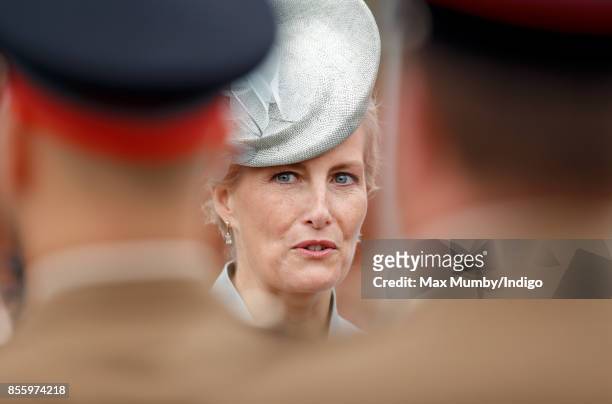 Sophie, Countess of Wessex inspects the troops as she attends the Headley Court Farewell Parade on September 29, 2017 in Dorking, England. A service...