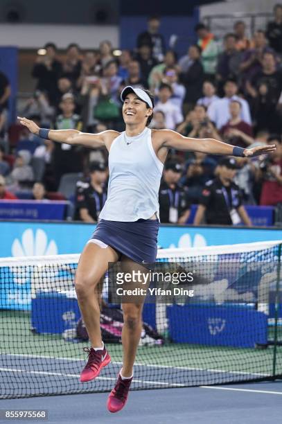 Caroline Garcia reacts after winning the ladies singles final between Ashleigh Barty of Australia and Caroline Garcia of France during Day 7of 2017...