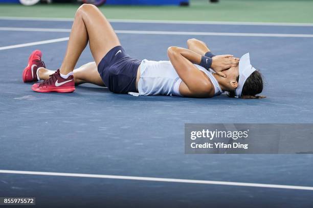 Caroline Garcia reacts after winning the ladies singles final between Ashleigh Barty of Australia and Caroline Garcia of France during Day 7of 2017...