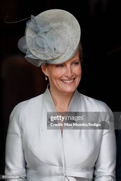 Sophie, Countess of Wessex departs after attending a service of thanksgiving at St Martin's Church before the Headley Court Farewell Parade on...