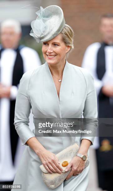 Sophie, Countess of Wessex attends a service of thanksgiving at St Martin's Church before the Headley Court Farewell Parade on September 29, 2017 in...
