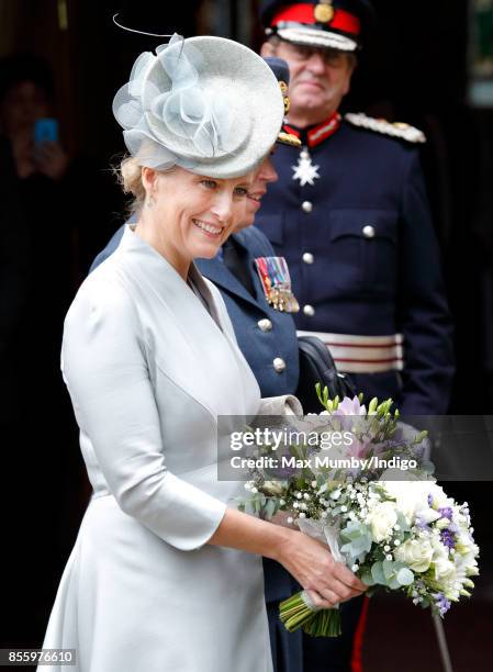 Sophie, Countess of Wessex departs after attending a service of thanksgiving at St Martin's Church before the Headley Court Farewell Parade on...