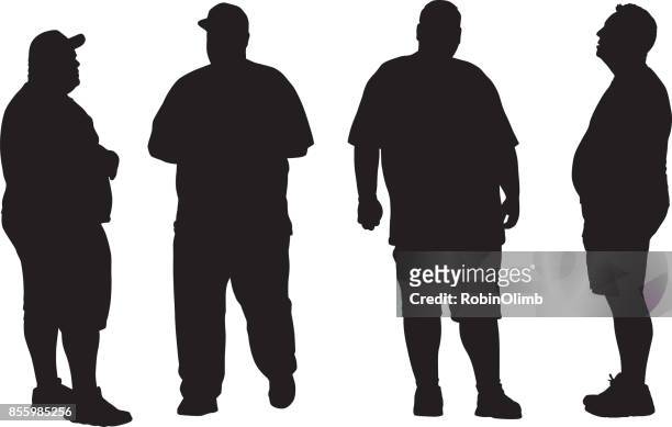 illustrazioni stock, clip art, cartoni animati e icone di tendenza di quattro silhouette uomo in sovrappeso - pesante