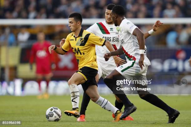 Manu Garcia of NAC Breda, Bjorn Johnsen of ADO Den Haag, Sheraldo Becker of ADO Den Haag during the Dutch Eredivisie match between NAC Breda and ADO...