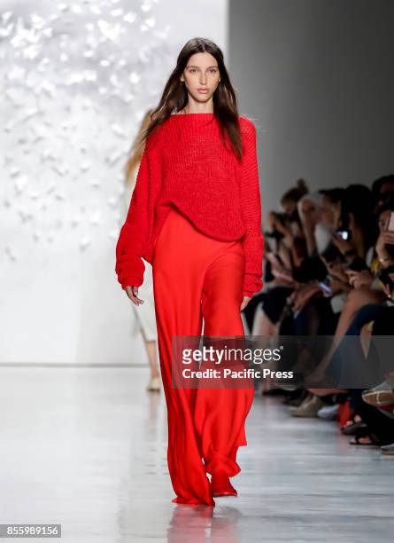 Model walks runway for the Noon by Noor Spring/Summer 2018 runway show during New York Fashion Week at Skylight Clarcson Sq., Manhattan.