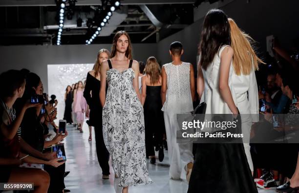 Models walk runway for the Noon by Noor Spring/Summer 2018 runway show during New York Fashion Week at Skylight Clarcson Sq., Manhattan.