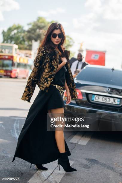 Praya Lundberg outside the Elie Saab show on September 30, 2017 in Paris, France.